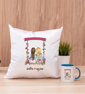 Best Friends Salıncak Tasarım Kare Yastık ve Mavi Kupa Bardak