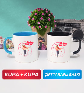 İkili Sevgiliye Sevgililer Günü Hediyesi 2 Kupa Bardak Mavi Siyah