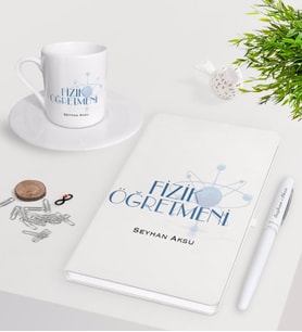 BK Gift Kişiye Özel Fizik Öğretmeni Beyaz Defter Kalem Türk Kahvesi Fincanı Seti-1 (Model 1)