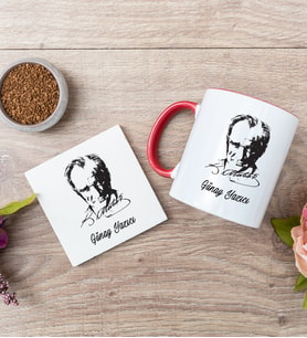 Atatürk Siluetli Kırmızı Kupa Bardak Ve Bardak Altlığı Seti