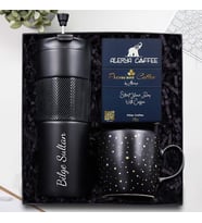Kişiye Özel 450 ML Siyah French Press Çelik Termos & Yıldız Desenli Siyah Mat Kupa & Alerya Premium Filtre Kahve Hediye Seti