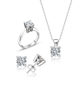 Swarovski Taşlı " TEK TAŞ - KLASİK " Model Tasarım Gümüş Set