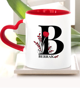 BK Gift Kişiye Özel B Harfi Kırmızı Kalpli Kupa Bardak Model 1