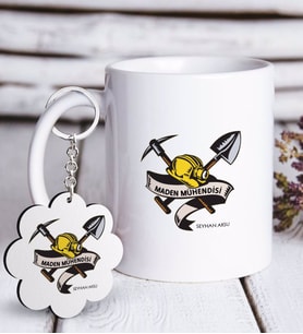 BK Gift Kişiye Özel Mesleki Maden Mühendisi Beyaz Kupa ve Anahtarlık Hediye Seti (Model 1)