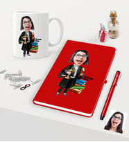 BK Gift Kişiye Özel Bayan Avukat Karikatürlü Kırmızı Defter Kalem Kupa Seti - 2 (Model 1)