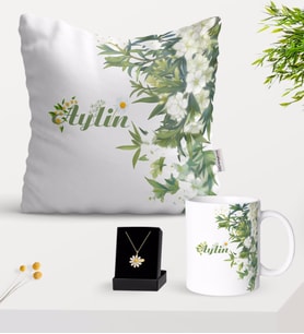 BK Gift Kişiye Özel Papatya Temalı Yastık Kupa Ve Papatya Kolye Hediye Seti-5 (Model 1)