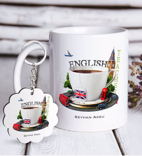 BK Gift Kişiye Özel İngilizce Öğretmeni Beyaz Kupa ve Anahtarlık Hediye Seti-8 (Model 1)