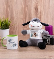 İsme Özel Çiçek Desenli Yeşil Kupa Bardak ve Peluş Eşek