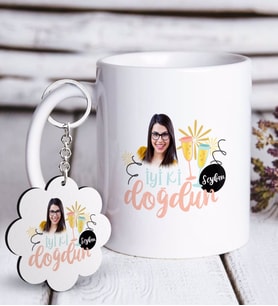 BK Gift Kişiye Özel Fotoğraflı Doğum Günü Beyaz Kupa ve Anahtarlık Hediye Seti-10 (Model 1)