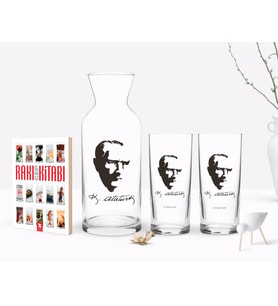BK Gift Kişiye Özel Renkli Baskılı Atatürk Temalı İkili Rakı Bardağı Karaf ve Cep Kitabı Hediye Seti-23 (Model 1)