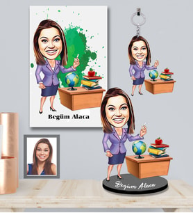 Kişiye Özel Öğretmen Karikatürlü 3 lü Hediye Seti Bayan-3