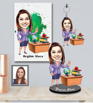 Kişiye Özel Öğretmen Karikatürlü 3 lü Hediye Seti Bayan-3