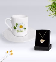 BK Gift Kişiye Özel Papatya Temalı Türk Kahvesi Fincanı Ve Papatya Kolye Hediye Seti-4 (Model 1)