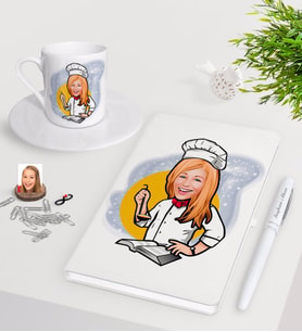 BK Gift Kişiye Özel Bayan Chef Karikatürlü Beyaz Defter Kalem Türk Kahvesi Fincanı Seti-12 (Model 1)