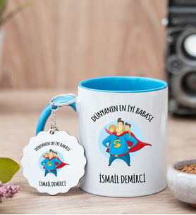 Süper Baba Tasarım Mavi Kupa Ve Anahtarlık Set