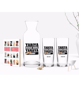 BK Gift Kişiye Özel Renkli Baskılı Yarıya Kadar Değil Yaraya Kadar Tasarımlı İkili Rakı Bardağı Karaf ve Cep Kitabı Hediye Seti-2 (Model 1)