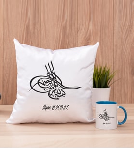 Osmanlı Tuğralı Kare Yastık ve Mavi Kupa Bardak
