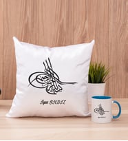 Osmanlı Tuğralı Kare Yastık ve Mavi Kupa Bardak