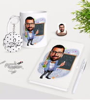 BK Gift Kişiye Özel Erkek Fen Bilimleri Öğretmeni Karikatürlü Kupa Anahtarlık Beyaz Defter Kalem Hediye Seti-2 (Model 1)