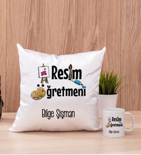 Resim Öğretmeni Kare Yastık ve Beyaz Kupa Bardak