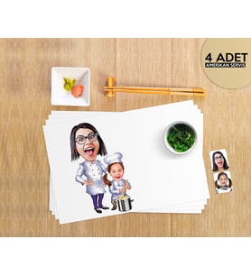 BK Gift Kişiye Özel Anne Kız Chef Karikatürlü 4 Adet Amerikan Servis Seti