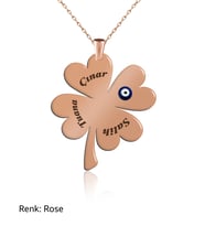 Kişiye Özel Nazarlı İsimli 4 Yaprak Yonca Rose Gümüş Kolye