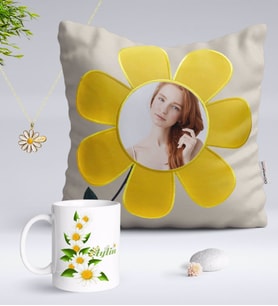 BK Gift Kişiye Özel Fotoğraflı Papatya Yastık Kupa ve İsimli Papatya Kolye-8 (Model 1)