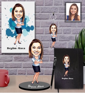 Kişiye Özel Patron Karikatürlü 5 li Hediye Seti Bayan-5