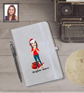 Kişiye Özel Yılbaşı Bayan Karikatürlü Gri Defter Kalem Hediye Seti Model-7