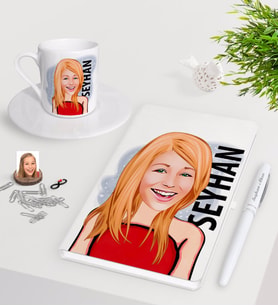BK Gift Kişiye Özel Bayan Karikatürlü Beyaz Defter Kalem Türk Kahvesi Fincanı Seti-33 (Model 1)