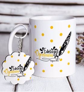 BK Gift Kişiye Özel Edebiyat Öğretmeni Beyaz Kupa ve Anahtarlık Hediye Seti-2 (Model 1)