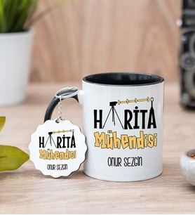 Harita Mühendisi Siyah Kupa Bardak Ve Anahtarlık Set