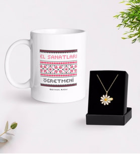 BK Gift Kişiye Özel El Sanatları Öğretmeni Beyaz Kupa ve Papatya Kolye Hediye Seti (Model 1)