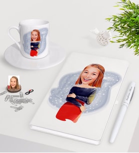 BK Gift Kişiye Özel Bayan Karikatürlü Beyaz Defter Kalem Türk Kahvesi Fincanı Seti-12 (Model 1)