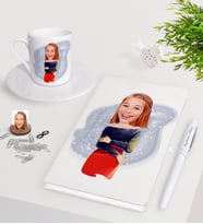 BK Gift Kişiye Özel Bayan Karikatürlü Beyaz Defter Kalem Türk Kahvesi Fincanı Seti-12 (Model 1)