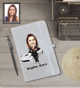 Kişiye Özel İş Kadını Karikatürlü Gri Defter Kalem Hediye Seti  Bayan-10