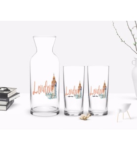BK Gift Kişiye Özel Renkli Baskılı London Tasarımlı İkili Rakı Bardağı ve Karaf Hediye Seti-2 (Beyaz)