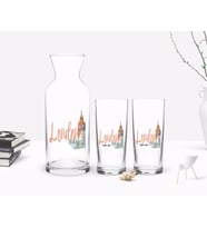 BK Gift Kişiye Özel Renkli Baskılı London Tasarımlı İkili Rakı Bardağı ve Karaf Hediye Seti-2 (Beyaz)