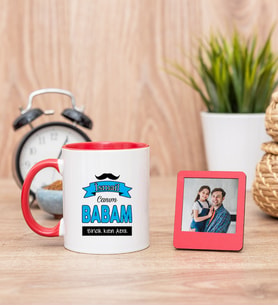 Canım Babam Kırmızı Kupa Bardak ve Kırmızı Mini Fotoğraf Çerçevesi