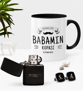 BK Gift Kişiye Özel Babama Rezervelidir Siyah Kupa Çakmak Kol Düğmesi Seti (Model 1)