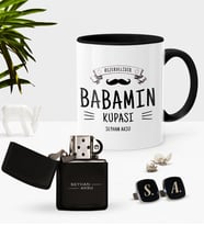 BK Gift Kişiye Özel Babama Rezervelidir Siyah Kupa Çakmak Kol Düğmesi Seti (Model 1)