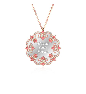 Fuşya Dantel Desenli İsimli Rose Gümüş Kolye