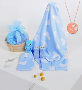 BK Gift Kişiye Özel İsimli El Ayak İzi Rose Kolye Ve Hoş Geldin Erkek Bebek Hediye Seti (Mavi)