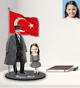 Kişiye Özel Atatürk Tasarımlı Karikatür Ahşap Biblo Kız Çocuk Model-1