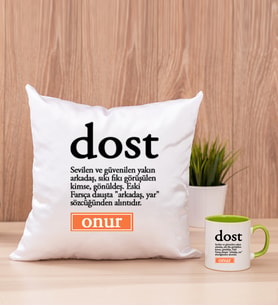 Dost Kelime Anlamı Kare Yastık ve Yeşil Kupa Bardak