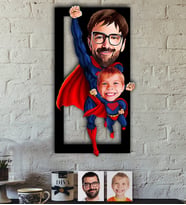BK Gift Kişiye Özel Süper Baba-Çocuk Karikatürlü 3D Ahşap Tablo-1, Babaya Hediye
