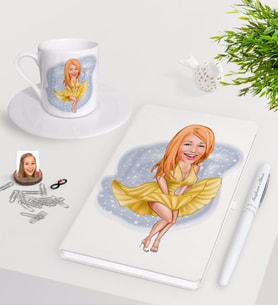 BK Gift Kişiye Özel Marilyn Monroe Karikatürlü Beyaz Defter Kalem Türk Kahvesi Fincanı Seti (Model 1)