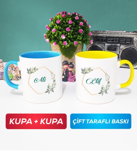 İkili Çiçek Tasarımlı İsme Özel Kupa Bardak Mavi Sarı