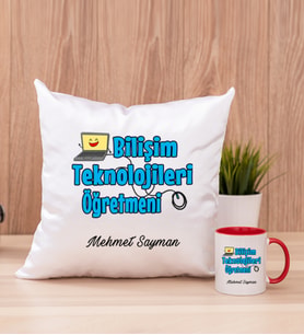 Bilişim Teknolojileri Öğretmeni Kare Yastık ve Kırmızı Kupa Bardak