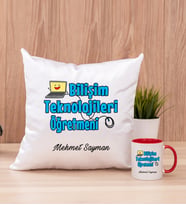 Bilişim Teknolojileri Öğretmeni Kare Yastık ve Kırmızı Kupa Bardak
